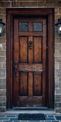 Wall Mural - Classic Elegance: Rich Wooden Door with Glass Panels and Vintage Hardware