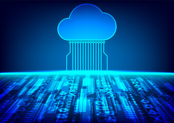 Wall Mural - Cloud computing technology data transfer concept. A large cloud icon is in the center. abstract code Interconnected polygons on a dark blue background.