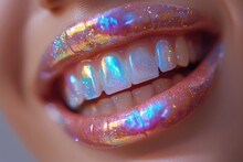 Sparkling With Glitter, A Woman's Closeup Lips Reveal Her Flawless Teeth, Highlighting The Beauty Of Her Natural Organ And The Power Of Cosmetics