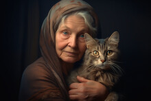 A Poignant Picture Of An Elderly Woman With Kind Eyes, Holding Her Cherished Cat Close, Radiating A Sense Of Comfort And Companionship.