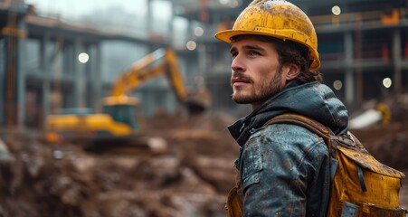 A rugged blue-collar worker donning a bright yellow hard hat and sturdy workwear stands proudly in front of a bustling construction site, his determined expression a symbol of strength and dedication