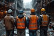 © LifeMedia - A team of blue-collar workers donning hard hats and high-visibility clothing stand together in front of a bustling city street, ready to take on the challenges of outdoor construction work with deter