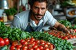 A dedicated grocer proudly displays his locally grown superfoods, including vibrant cherry tomatoes, at the bustling marketplace while dressed in a traditional apron