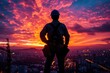 As the sky blazes with the afterglow of sunset, a lone man stands on a high ledge, his silhouette outlined against the towering skyscrapers of the city below, a symbol of strength and determination i