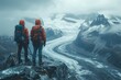 Amidst the snowy peaks, two brave hikers stand in awe of the glacial river below, guided by the misty mountain guide and equipped for their thrilling winter adventure