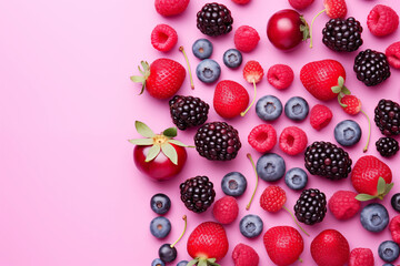 Wall Mural - Healthy mix berries fruits clean eating selection on pastel pink background. Strawberry, Cherry, blueberry, raspberry, blackcurrant colorful fruits organic food top view copy space poster