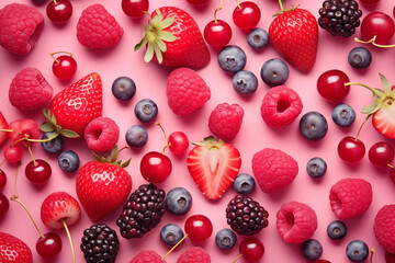 Wall Mural - Healthy mix berries fruits clean eating selection on pastel pink background. Strawberry, Cherry, blueberry, raspberry, blackcurrant colorful fruits organic food top view