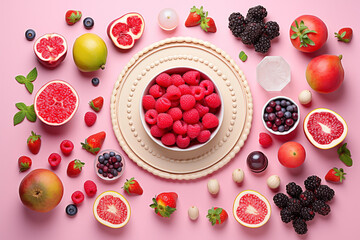 Wall Mural - Healthy mix berries fruits organic food clean eating selection on pastel pink background. Strawberry, Cherry, blueberry, raspberry, blackcurrant, pomegranate, kiwi, colorful fruits top view flat lay