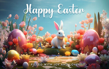 Wall Mural - Happy Easter Day Design with Colorful Painted Realistic Eggs and Cute Bunny