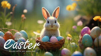 Wall Mural - Happy Easter Day Design with Colorful Painted Realistic Eggs and Cute Bunny