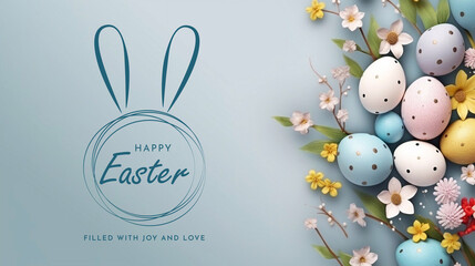 Wall Mural - Happy Easter Day Design with Colorful Painted Realistic Eggs and Cute Bunny