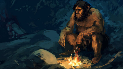  Caveman making fire - Neanderthal - Prehistory - History