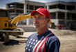 Portrait of a construction worker wearing red cap and american flag t-shirt. Hard worker republican party supporter