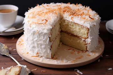 Wall Mural - Coconut cake with a slice taken out, fluffy homemade coconut cake, Easter dessert idea