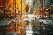 Smiling Woman Man With Puddles Transform Into Enchanting Gateways To A Mirrored Realm, Where Ordinary Scenes Are Turned Into Captivating And Abstract Compositions