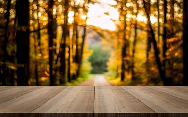 Empty wooden table with a blurred landscape in the background.