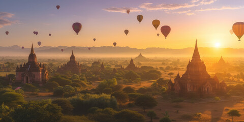 Wall Mural - Bagan panorama with temples and hot air-ballons during sunrise