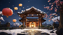 Japanese Temple In Winter There Are Lights At Night. AI Generative