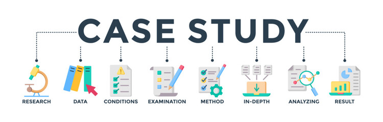 Poster - Case study banner web icon concept with the icon of research, data, conditions, examination, method, in-depth, analyzing, and result. Vector illustration 