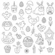 Easter spring doodle set. Happy Easter line icons. Cute items for coloring book.