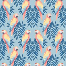 Seamless Pattern With Multicolored Macaw Parrot And Tropical Foliage On A Blue Background, Retro Style, Ornament For Fabric Design, Printed Products And Social Networks