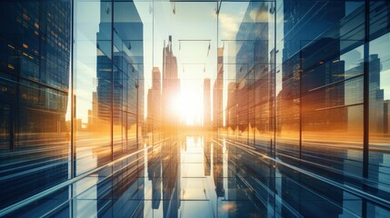 Wall Mural - Reflection of buildings in a glass wall of a modern office building. The sun is setting behind a tall glass building. Generative AI