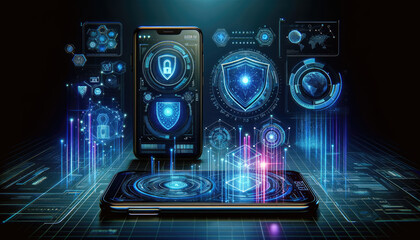 Wall Mural - Smartphone displaying a digital padlock with futuristic holographic security interface, emphasizing advanced data protection.