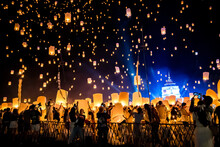 Sky Lantern Mass Release Event For Yee Peng And Loy Krathong Traditional Festival In Chiang Mai, Thailand
