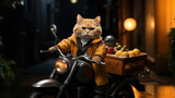 Fototapeta  - Cat on a scooter in the night city. A cat in a yellow jacket rides a scooter.