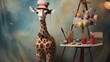 A giraffe wearing a top hat standing next to a easel. Generative AI.