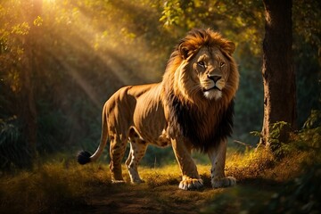 a strong young g lion standing tall in the jungle with golden sun light,concept of world wildlife da