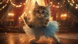 A whimsical Ragdoll cat, wearing a tutu and ballet slippers, gracefully pirouetting on a stage adorned with twinkling lights and silk curtains. 