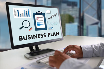 Poster - business plan Businessman at the office desk business document, plan, and project strategy With graphs and paperwork Growth Concept