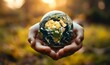 hands holding an earth globe, tiny planet,  protecting the earth, ecology, taking care of nature, global warming, human impact on nature, renewable energies, CSR, Generative AI