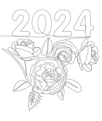 Poster - One continuous line of 2024 number with rose flowers. Thin Line Illustration vector concept. Contour Drawing Creative ideas.