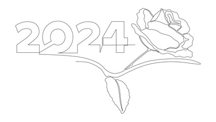 Poster - One continuous line of 2024 number with rose flowers. Thin Line Illustration vector concept. Contour Drawing Creative ideas.