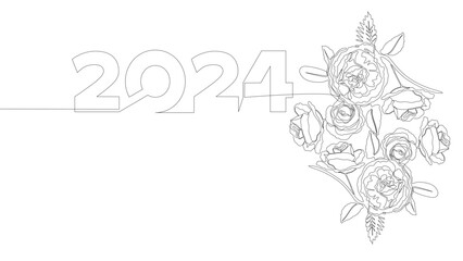 Poster - One continuous line of 2024 number with rose flowers. Thin Line Illustration vector concept. Contour Drawing Creative ideas.