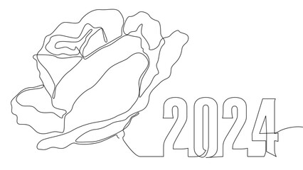 Poster - One continuous line of 2024 number with rose flowers. Thin Line Illustration vector concept. Contour Drawing Creative ideas.