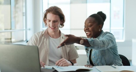 Aufkleber - Laptop, friends and surprise of students at university, learning or education. Computer, man and shocked woman in college together, wow and team happy for news of test results in exam at classroom