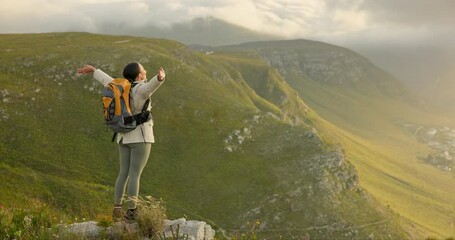 Wall Mural - woman, mountain top and freedom, trekking goals, celebration or travel achievement in nature adventu