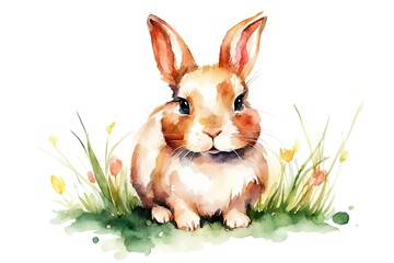 Easter bunny sitting in grass, watercolor illustration of brown hare in flowers on white background.