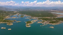 Blue Lake With Many Small Islands. Aerial Montenegro, Niksic, Salt Lake.