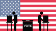 2024 presidential election icon. Two voters at individual booths, central ballot box, USA flag background. Vector icon design style