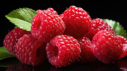 Large fresh red sweet raspberries on a dark background. Bright and appetizing healthy berries.