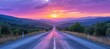 Straight road between rural field and dramatic sunset. Generative AI technology.