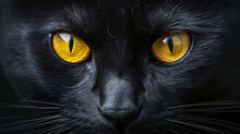 Intense Gaze Of A Black Cat With Vivid Yellow Eyes, Embodying Mystery And Elegance, AI Generative.