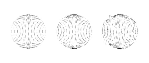 Aufkleber - Set of dotted spheres with dissolve effect. Stippled disintegrating circle collection. Halftone textured balls with noise dot work grain. Radial grunge particles. Dot sphere element bundle. Vector