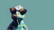 Macro cute chameleon in a pair of colorful glasses, hyperrealistic compositions, inventive. Chameleon wearing sunglasses on a solid colorful background, copy space, generative ai