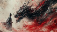 Ancient Chinese Warrior In Battle With A Dragon In Traditional Chinese Painting Style