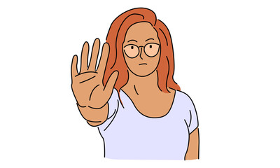 Poster - line art color of woman showing palm as stop sign, stay, hold or rejection gesture vector illustration